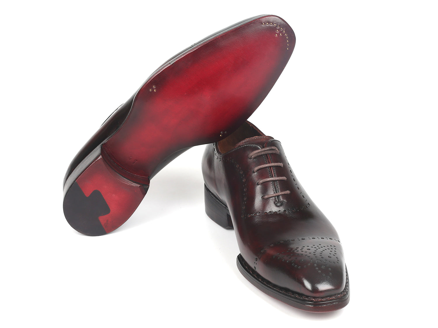 Paul Parkman Dark Bordeaux Goodyear Welted Oxfords showcasing hand-painted leather and elegant design.